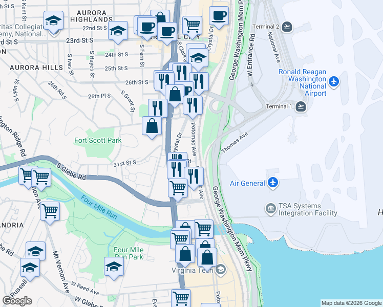 map of restaurants, bars, coffee shops, grocery stores, and more near 3130 Potomac Avenue in Arlington