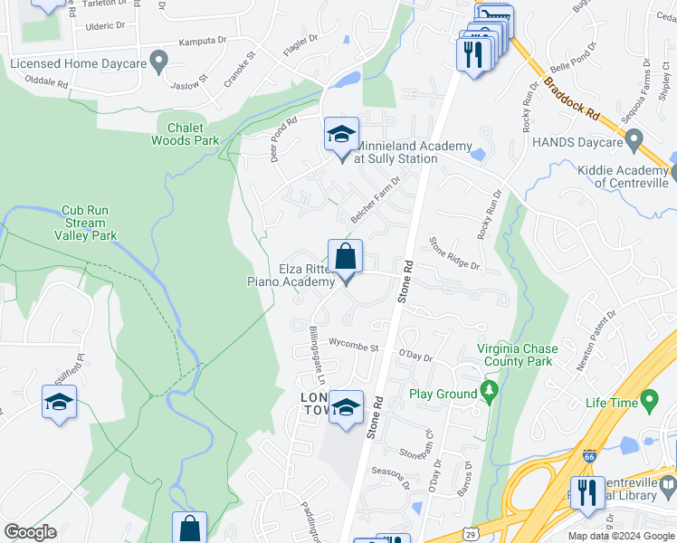 map of restaurants, bars, coffee shops, grocery stores, and more near 14784 Basingstoke Loop in Centreville