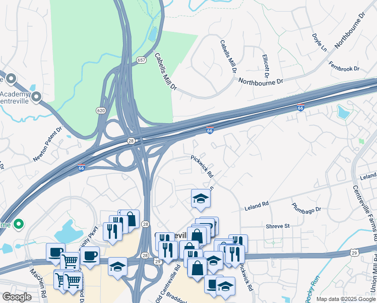map of restaurants, bars, coffee shops, grocery stores, and more near 13906 Melton Place in Centreville