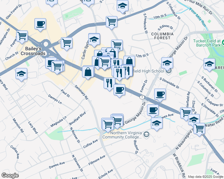 map of restaurants, bars, coffee shops, grocery stores, and more near 5275 Leesburg Pike in Bailey's Crossroads