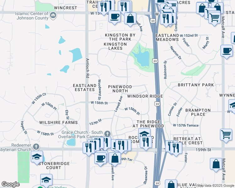 map of restaurants, bars, coffee shops, grocery stores, and more near 7905 West 155th Place in Overland Park
