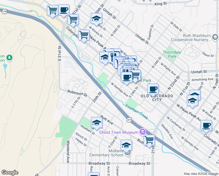 map of restaurants, bars, coffee shops, grocery stores, and more near 310 South 25th Street in Colorado Springs