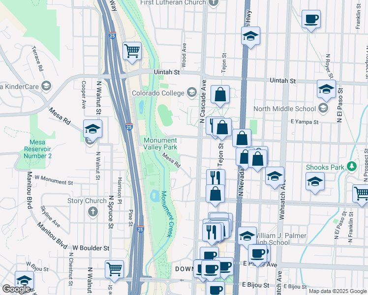 map of restaurants, bars, coffee shops, grocery stores, and more near 30 West Dale Street in Colorado Springs