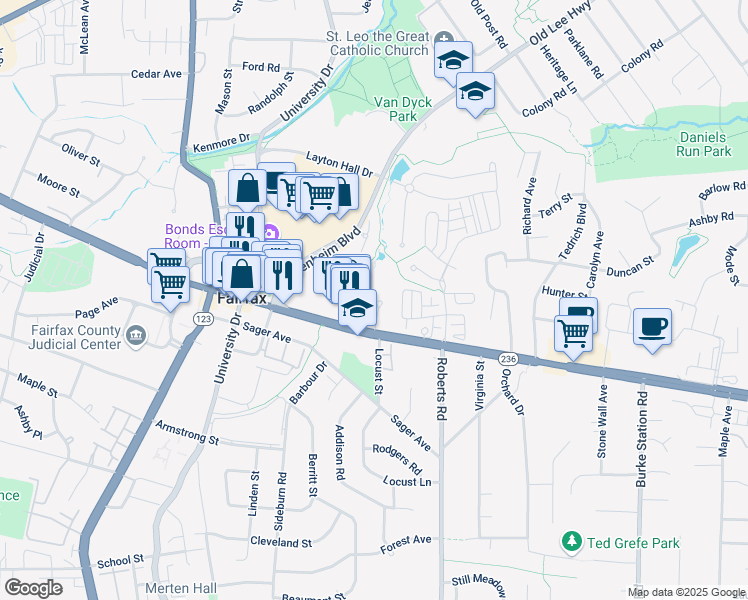 map of restaurants, bars, coffee shops, grocery stores, and more near 10230 Main St in Fairfax