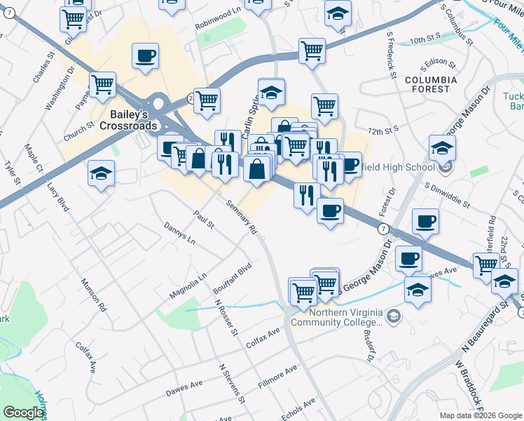 map of restaurants, bars, coffee shops, grocery stores, and more near 5599 Seminary Road in Falls Church