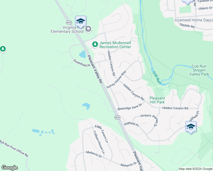 map of restaurants, bars, coffee shops, grocery stores, and more near 6208 Secret Hollow Lane in Centreville
