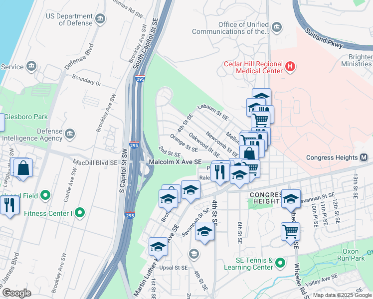 map of restaurants, bars, coffee shops, grocery stores, and more near 439 Orange Street Southeast in Washington