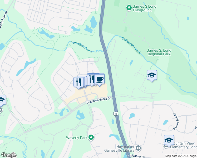 map of restaurants, bars, coffee shops, grocery stores, and more near 15231 Royal Crest Drive in Haymarket