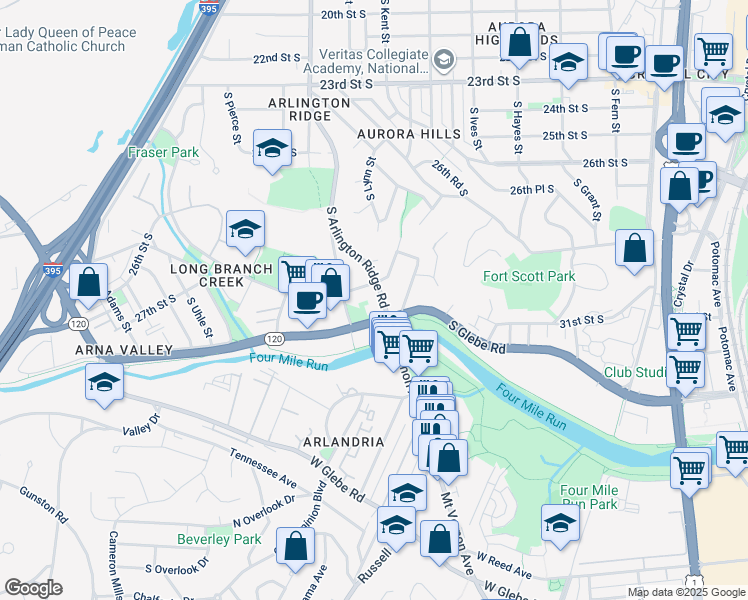 map of restaurants, bars, coffee shops, grocery stores, and more near 2810 South Arlington Ridge Road in Arlington