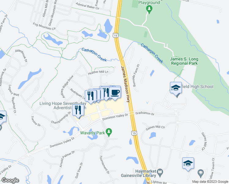 map of restaurants, bars, coffee shops, grocery stores, and more near 15231 Royal Crest Drive in Haymarket