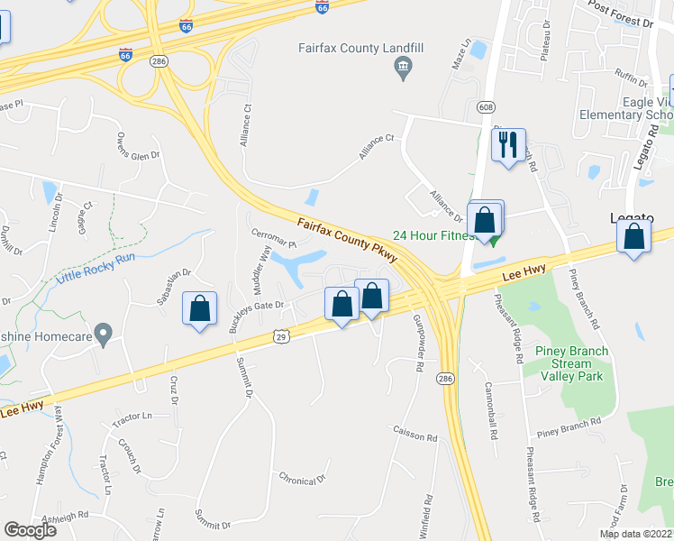 map of restaurants, bars, coffee shops, grocery stores, and more near 12659 Heron Ridge Drive in Fairfax