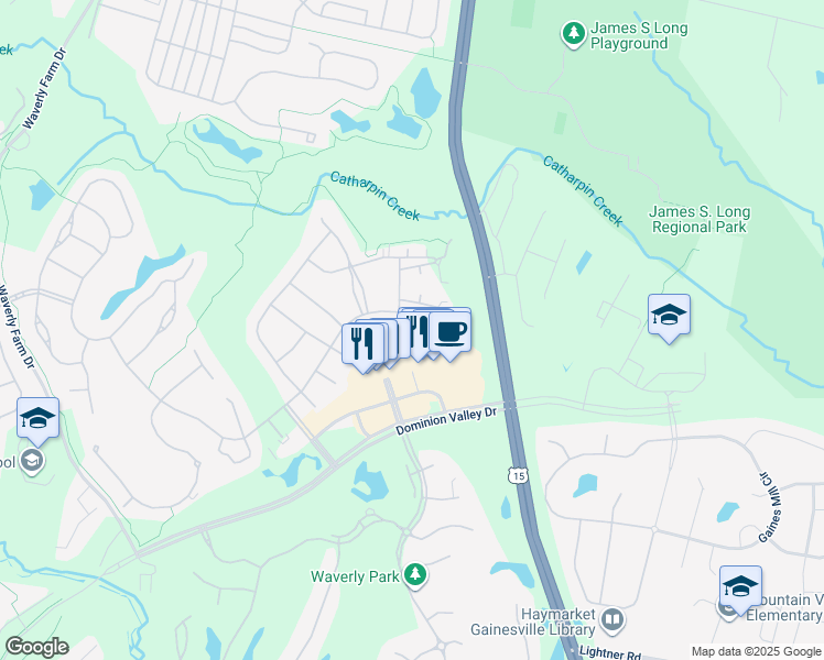 map of restaurants, bars, coffee shops, grocery stores, and more near 15251 Royal Crest Drive in Haymarket