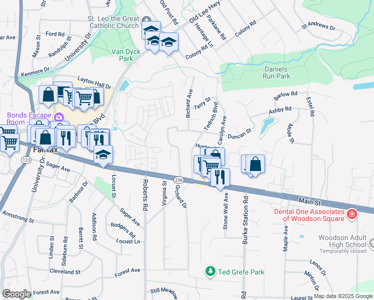 map of restaurants, bars, coffee shops, grocery stores, and more near 3910 Tedrich Boulevard in Fairfax