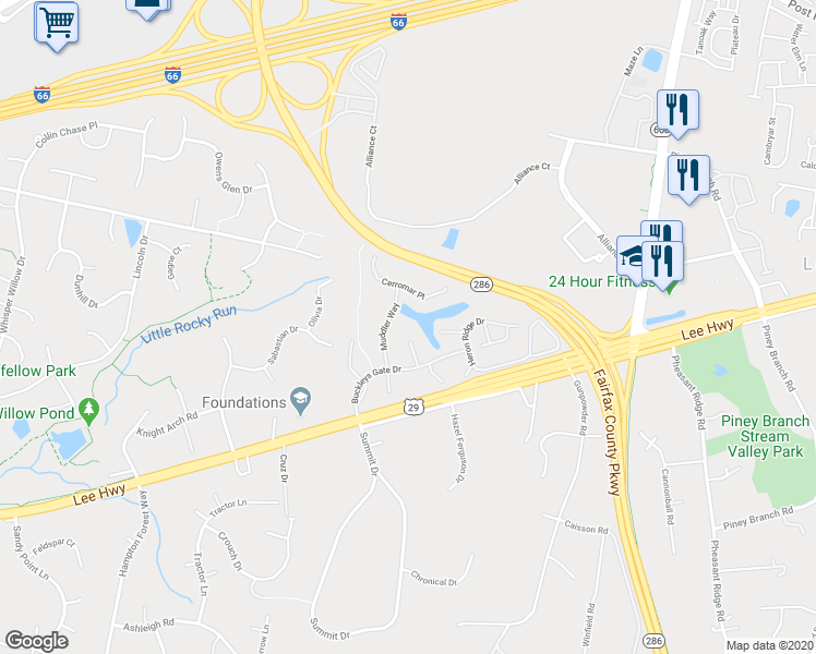 map of restaurants, bars, coffee shops, grocery stores, and more near 4921 Cahoon Court in Fairfax