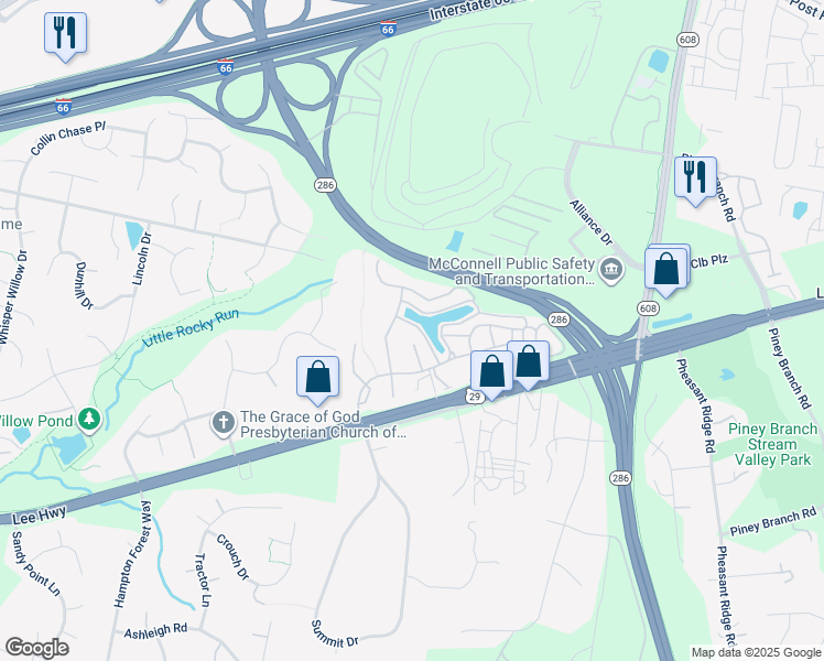 map of restaurants, bars, coffee shops, grocery stores, and more near 4921 Cahoon Court in Fairfax