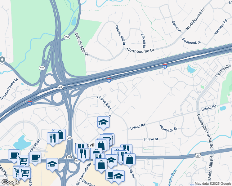 map of restaurants, bars, coffee shops, grocery stores, and more near 5608 Gresham Lane in Centreville