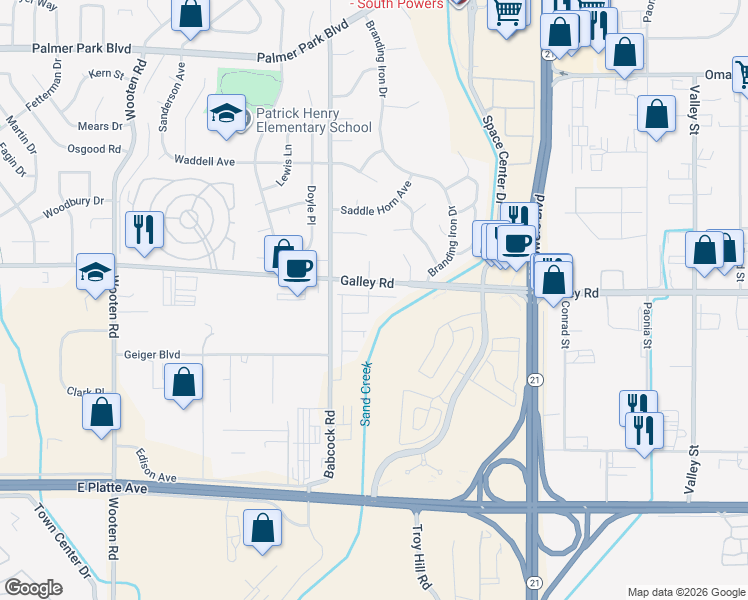 map of restaurants, bars, coffee shops, grocery stores, and more near 981 Pickfair Drive in Colorado Springs