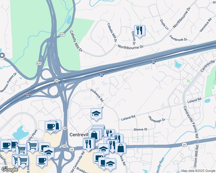 map of restaurants, bars, coffee shops, grocery stores, and more near 5608 Gresham Lane in Centreville