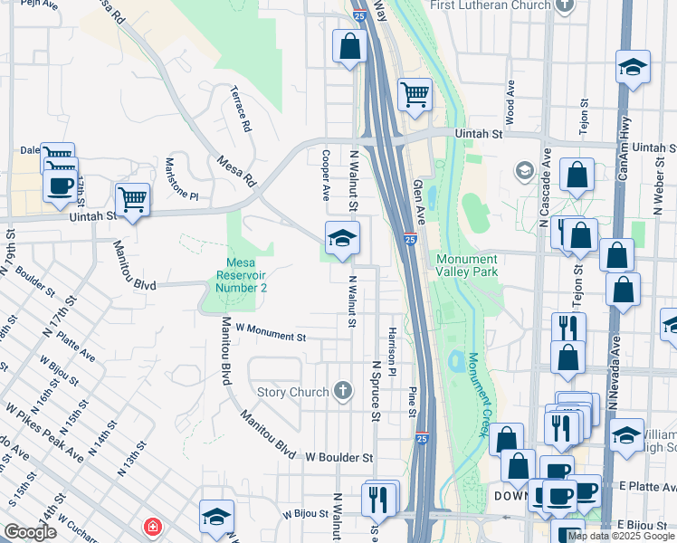 map of restaurants, bars, coffee shops, grocery stores, and more near 890 North Walnut Street in Colorado Springs