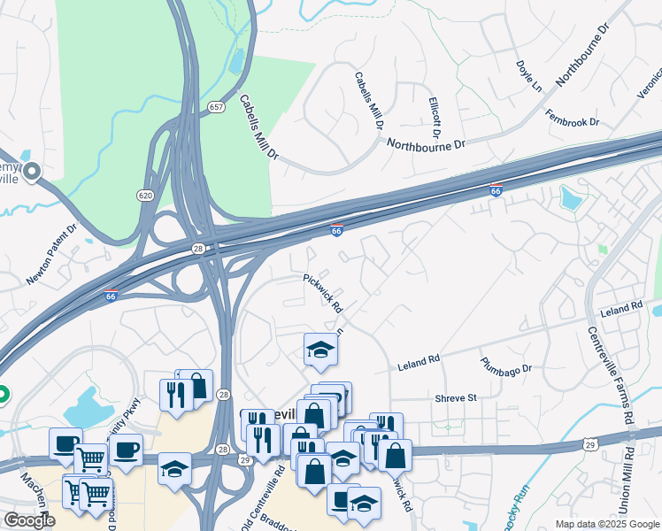 map of restaurants, bars, coffee shops, grocery stores, and more near 13820 Bridlington Court in Centreville