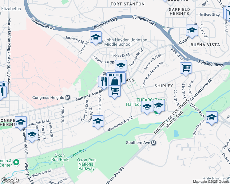 map of restaurants, bars, coffee shops, grocery stores, and more near 1543 Alabama Avenue Southeast in Washington