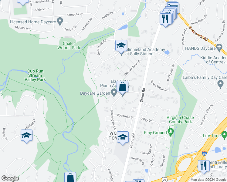 map of restaurants, bars, coffee shops, grocery stores, and more near 14797 Basingstoke Loop in Centreville