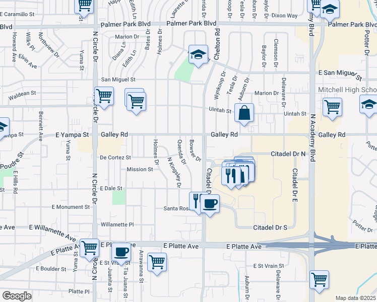 map of restaurants, bars, coffee shops, grocery stores, and more near 914 Bowser Drive in Colorado Springs