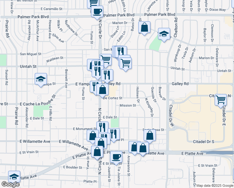 map of restaurants, bars, coffee shops, grocery stores, and more near 3005 De Cortez Street in Colorado Springs