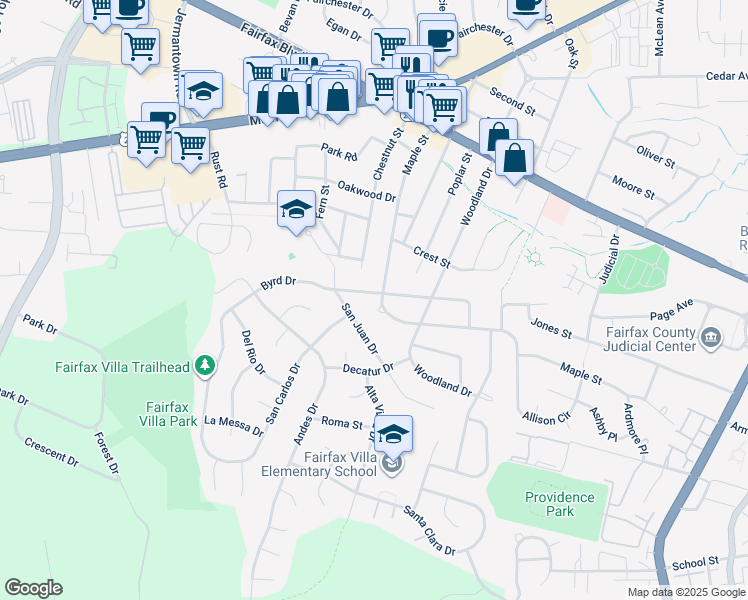 map of restaurants, bars, coffee shops, grocery stores, and more near 10919 Maple Street in Fairfax