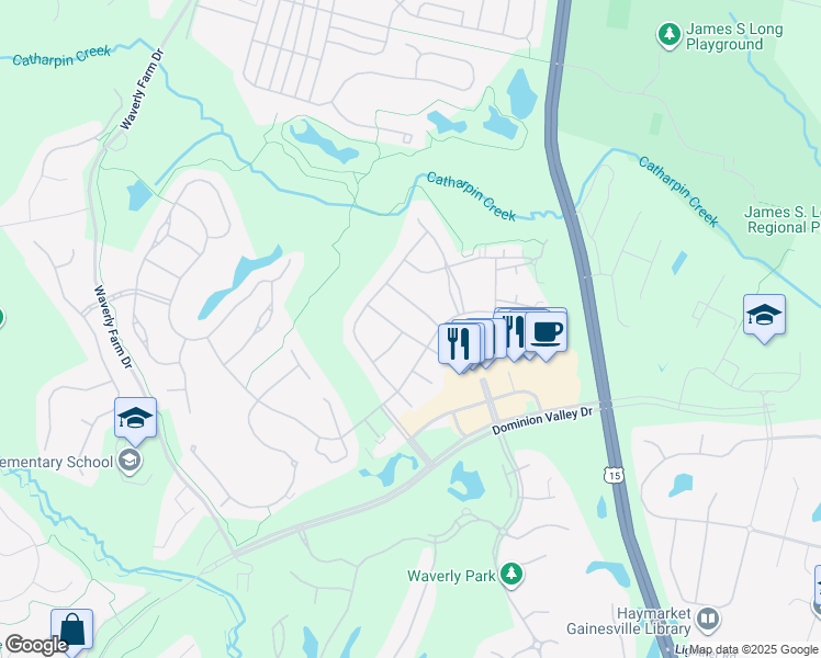 map of restaurants, bars, coffee shops, grocery stores, and more near 5433 Rodriquez Lane in Haymarket