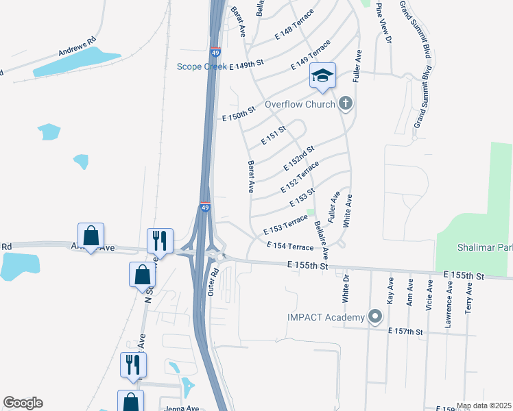 map of restaurants, bars, coffee shops, grocery stores, and more near 6005 East 153 Street in Grandview