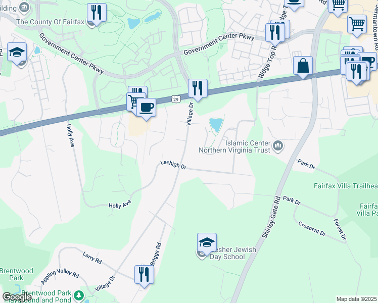 map of restaurants, bars, coffee shops, grocery stores, and more near 4505 Village Drive in Fairfax