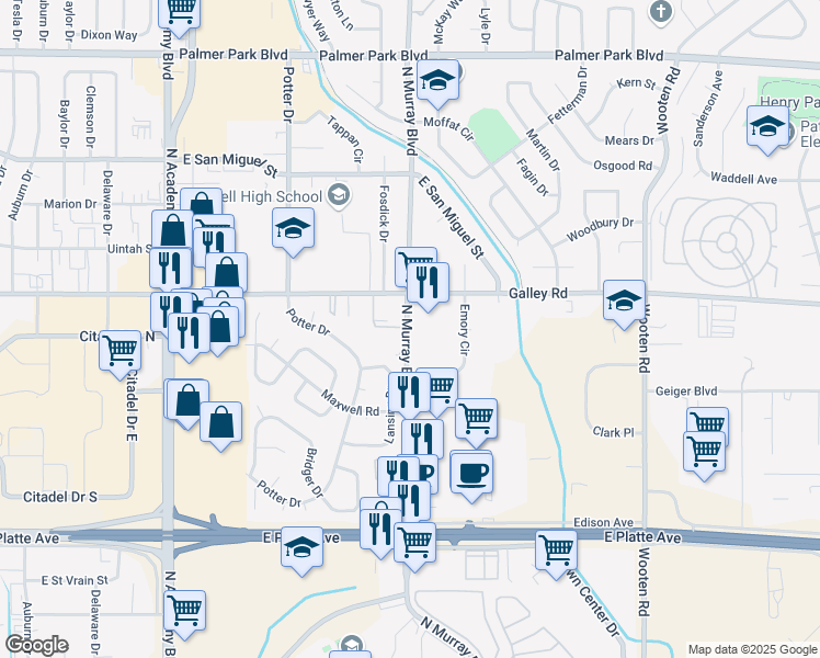 map of restaurants, bars, coffee shops, grocery stores, and more near 918 North Murray Boulevard in Colorado Springs