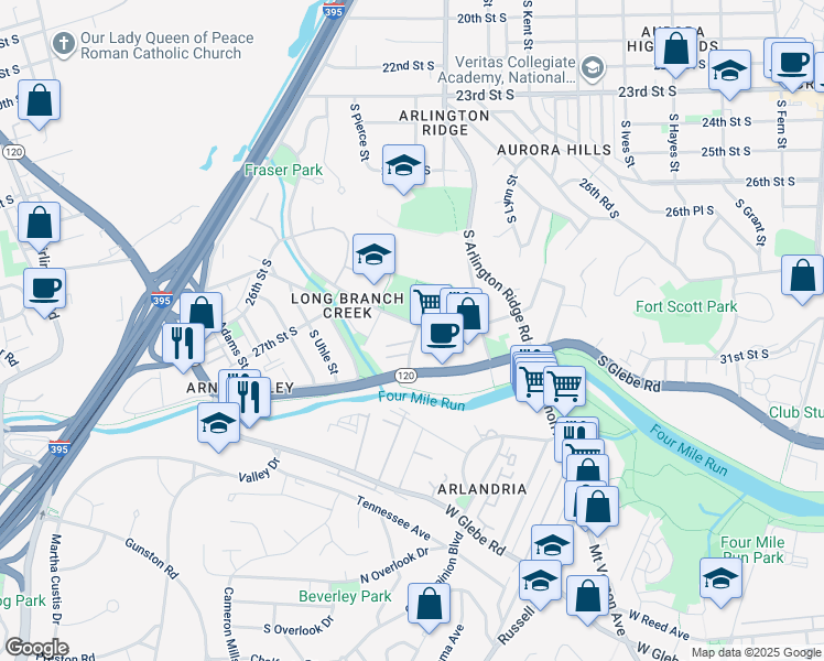map of restaurants, bars, coffee shops, grocery stores, and more near 2816 South Meade Street in Arlington