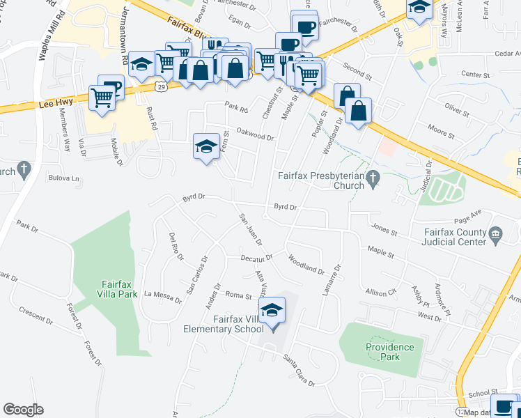 map of restaurants, bars, coffee shops, grocery stores, and more near 10919 Maple Street in Fairfax