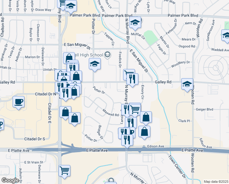 map of restaurants, bars, coffee shops, grocery stores, and more near 4255 Galley Road in Colorado Springs