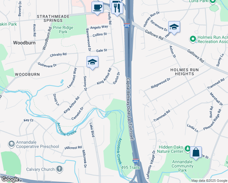map of restaurants, bars, coffee shops, grocery stores, and more near 3616 Camelot Drive in Annandale