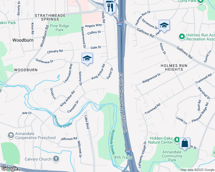 map of restaurants, bars, coffee shops, grocery stores, and more near 3616 Camelot Drive in Annandale