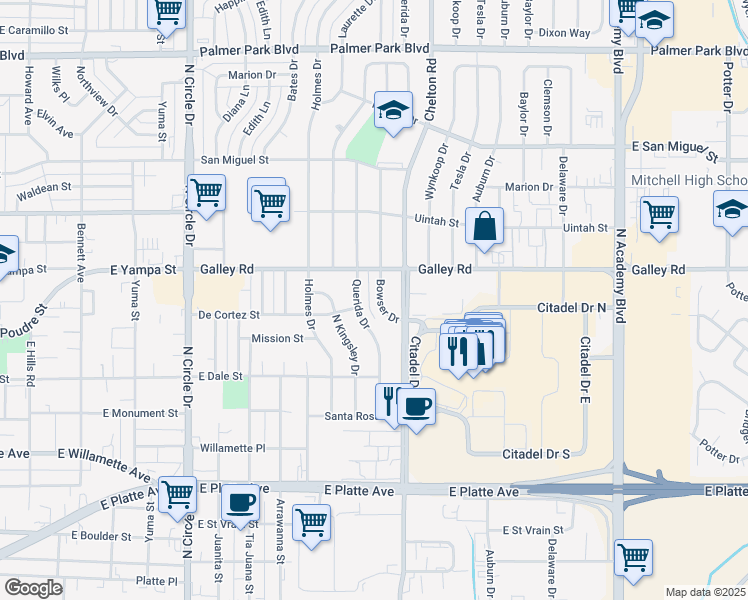 map of restaurants, bars, coffee shops, grocery stores, and more near 914 Bowser Drive in Colorado Springs