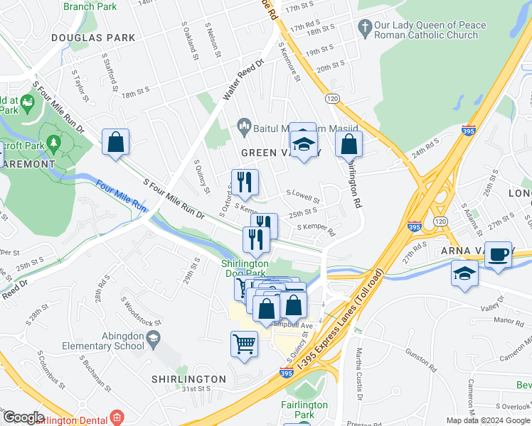 map of restaurants, bars, coffee shops, grocery stores, and more near 3703 South Kemper Road in Arlington