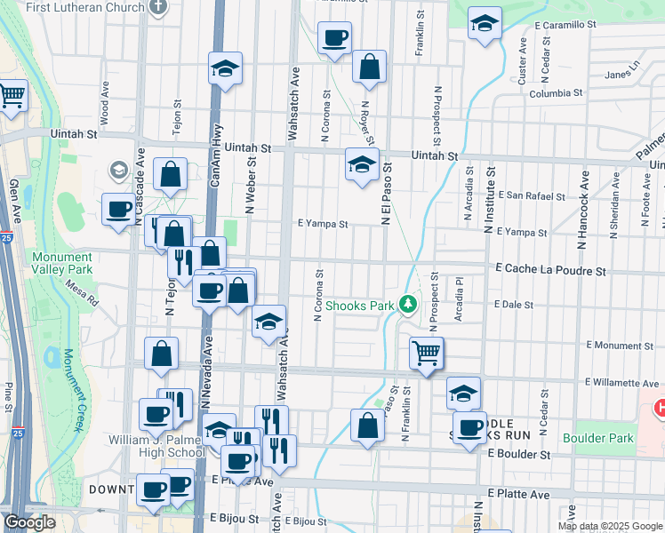 map of restaurants, bars, coffee shops, grocery stores, and more near 511 East Cache La Poudre Street in Colorado Springs
