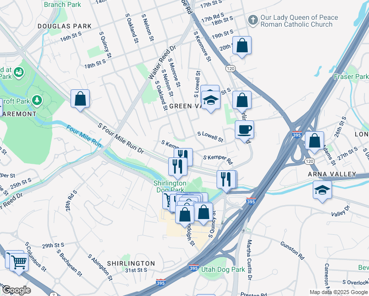 map of restaurants, bars, coffee shops, grocery stores, and more near 3703 South Kemper Road in Arlington