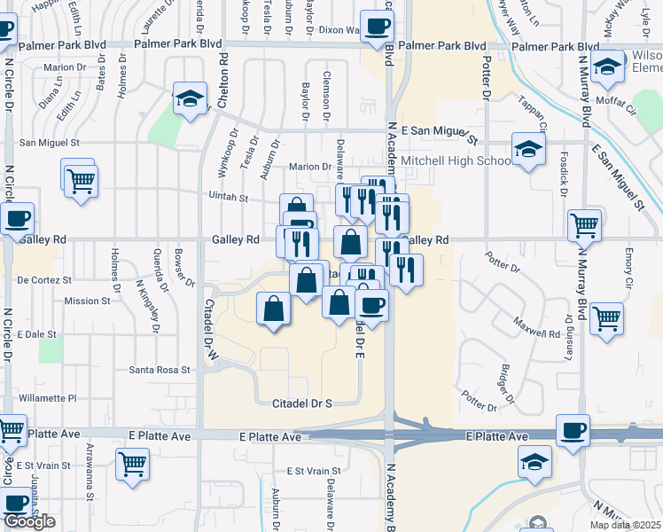 map of restaurants, bars, coffee shops, grocery stores, and more near 3680 Citadel Drive North in Colorado Springs