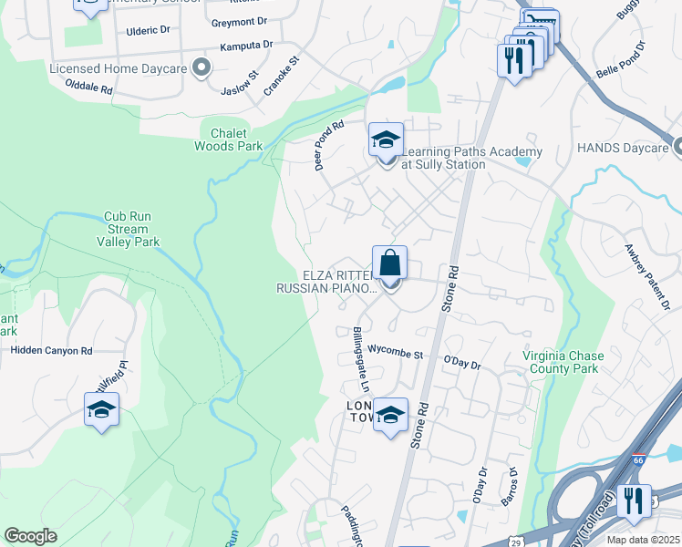 map of restaurants, bars, coffee shops, grocery stores, and more near 14823 Basingstoke Loop in Centreville