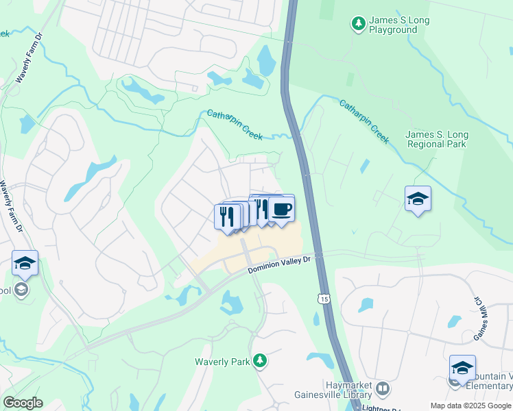 map of restaurants, bars, coffee shops, grocery stores, and more near 15251 Royal Crest Drive in Haymarket