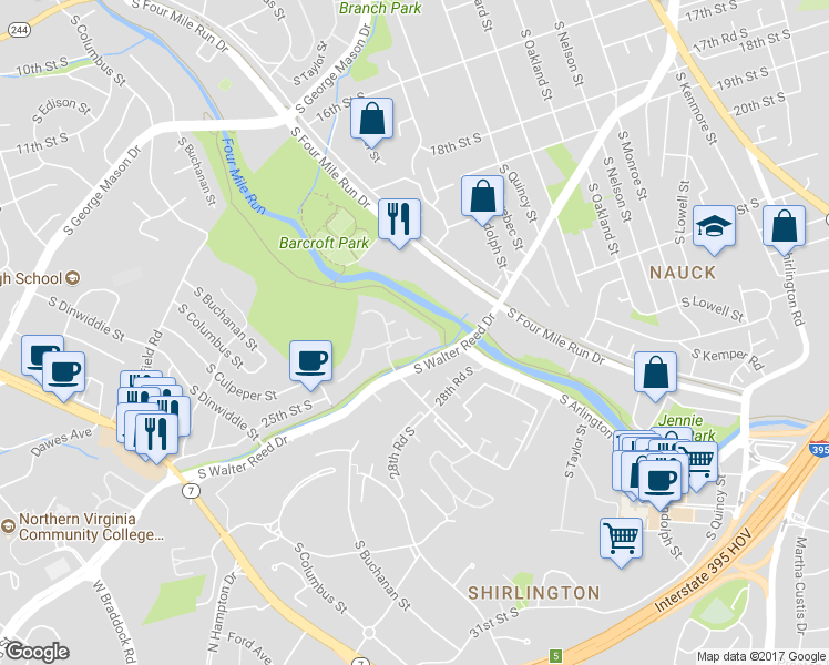 map of restaurants, bars, coffee shops, grocery stores, and more near 2416 South Walter Reed Drive in Arlington