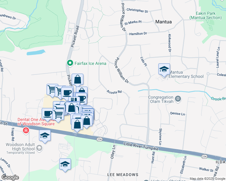 map of restaurants, bars, coffee shops, grocery stores, and more near 3731 Acosta Road in Fairfax