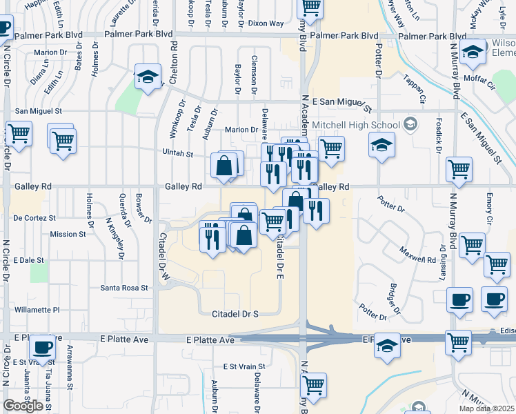 map of restaurants, bars, coffee shops, grocery stores, and more near 3680 Citadel Drive North in Colorado Springs