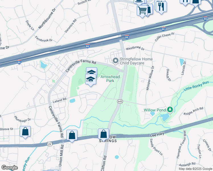 map of restaurants, bars, coffee shops, grocery stores, and more near 5212 Arrowhead Park Drive in Centreville