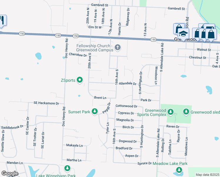 map of restaurants, bars, coffee shops, grocery stores, and more near 1706 Joyce Circle in Greenwood
